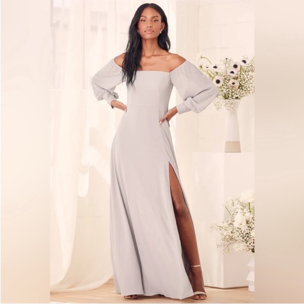 Gray Off-Shoulder Gown with Slit and Bishop Sleeves